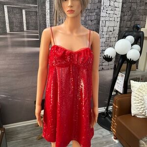 Ganni Ruched Sequined Tulle Mini Dress in Cherry Red Size 3